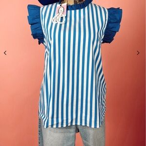 Collection by Cezele blue striped ruffle sleeve/neck key hole with button top
